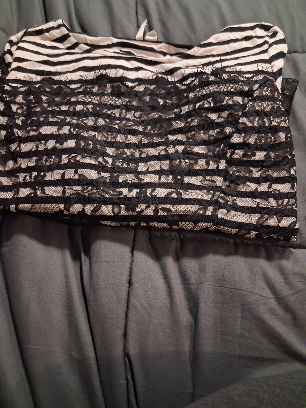 Elle Black Lace Overlay Pencil Skirt with White Stripe Lining